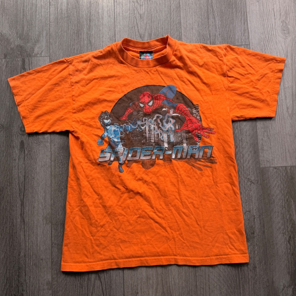 Vintage 2003 Spider-Man Animated Series Orange Tee L Marvel Y2K Cartoon Graphic